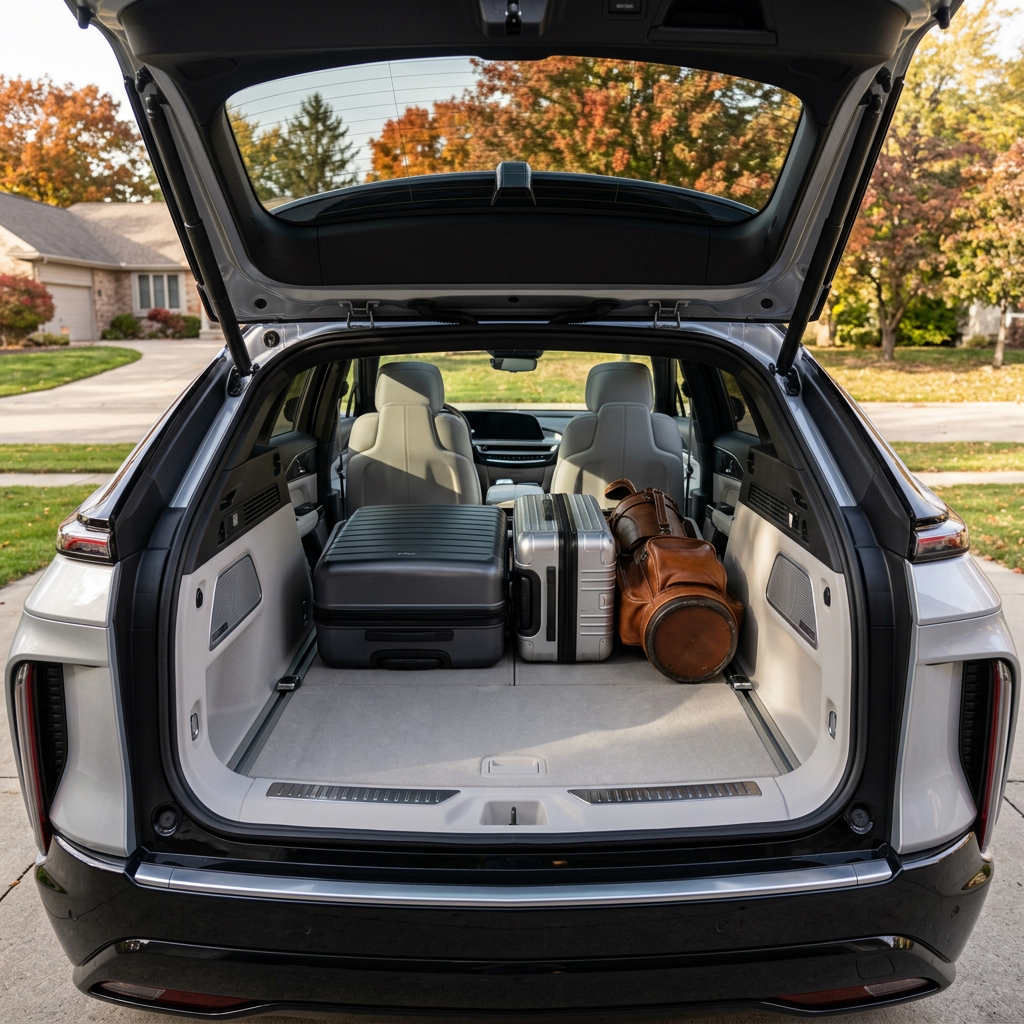 Open trunk of a luxury SUV loaded with a black suitcase, silver suitcase, and brown leather bag. (Representative image for illustration purposes only. Actual vehicle may vary based on trim and configuration.)