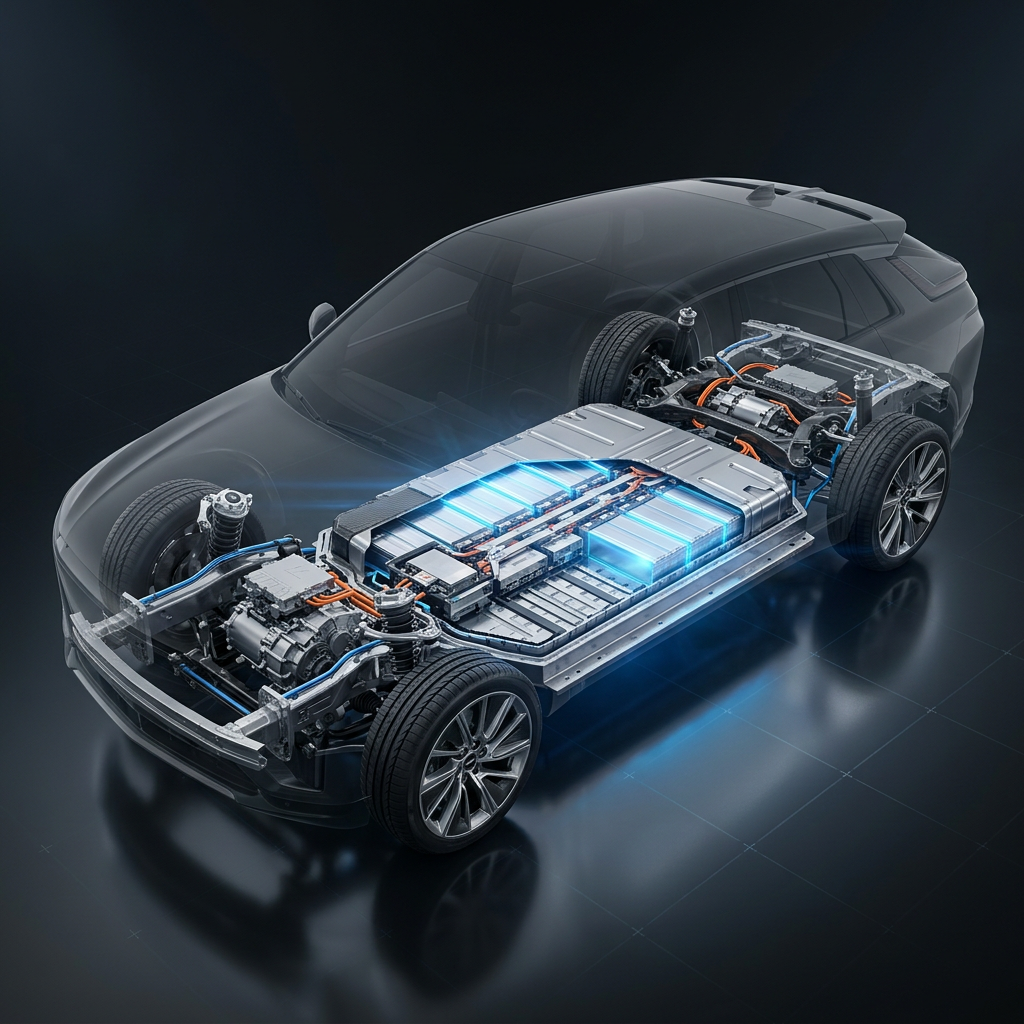 Cutaway diagram of an electric vehicle showing the central battery pack, dual electric motors, chassis, and wheels. (Representative image for illustration purposes only. Actual vehicle may vary based on trim and configuration.)