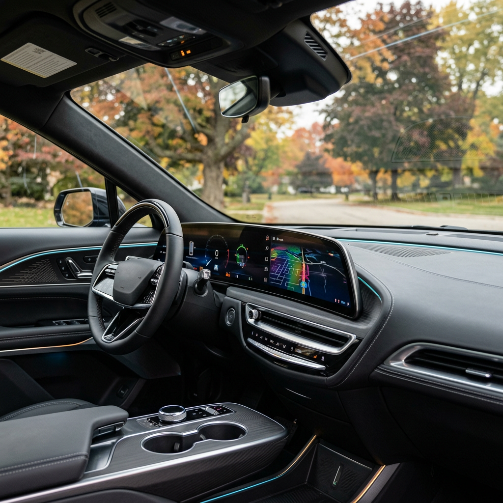 Driver's view of a modern luxury car dashboard featuring a wide panoramic screen displaying navigation and digital gauges. (Representative image for illustration purposes only. Actual vehicle may vary based on trim and configuration.)