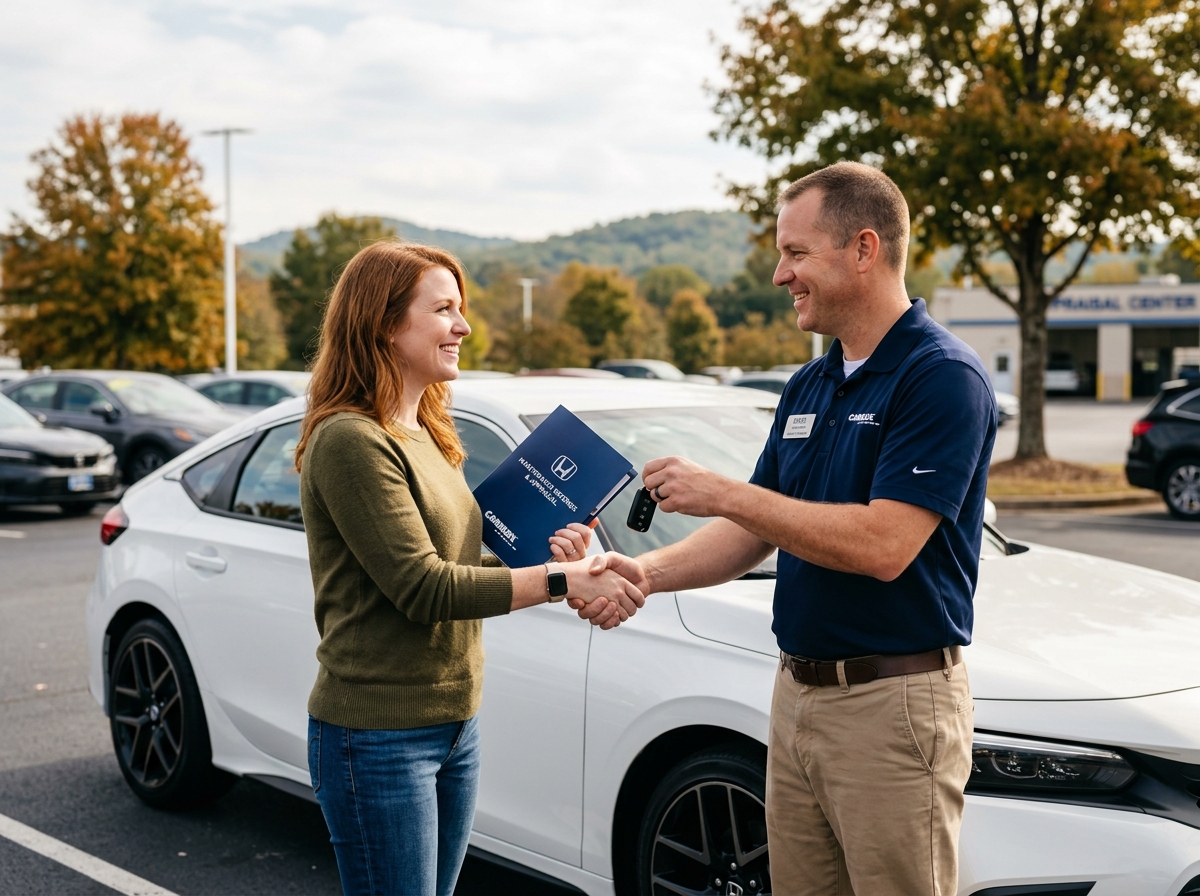 Woman shaking hands with a car salesperson and receiving keys in front of a white sedan at a dealership. (Representative image for illustration purposes only. Actual vehicle may vary based on trim and configuration.)