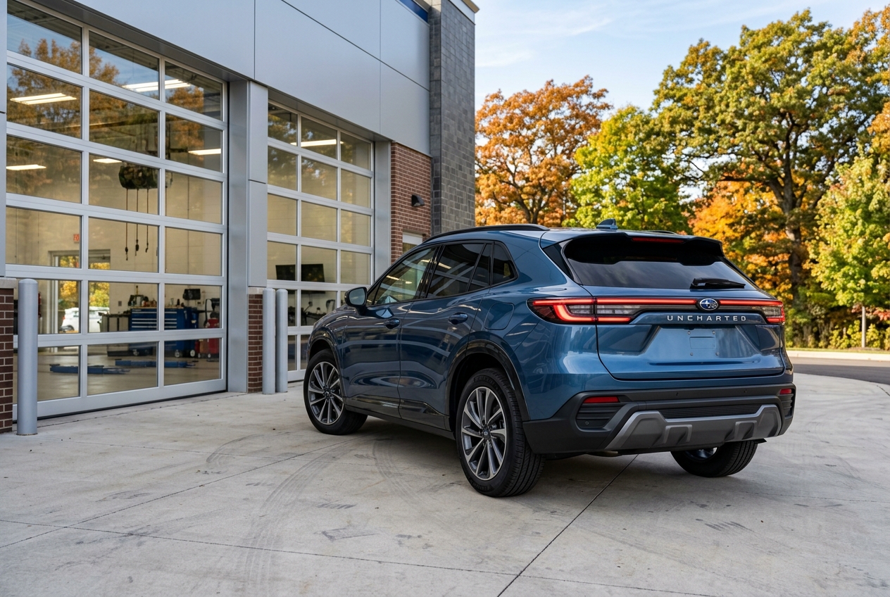 Rear three-quarter view of a blue Subaru Uncharted SUV parked outside a dealership service bay in autumn. (Representative image for illustration purposes only. Actual vehicle may vary based on trim and configuration.)