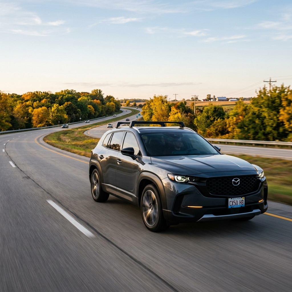 A grey Mazda CX-50 SUV driving on a winding highway through a scenic rural countryside in autumn. (Representative image for illustration purposes only. Actual vehicle may vary based on trim and configuration.)