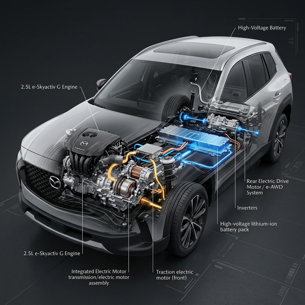 Technical cutaway diagram of a Mazda SUV displaying labeled hybrid powertrain components and high-voltage battery pack. (Representative image for illustration purposes only. Actual vehicle may vary based on trim and configuration.)