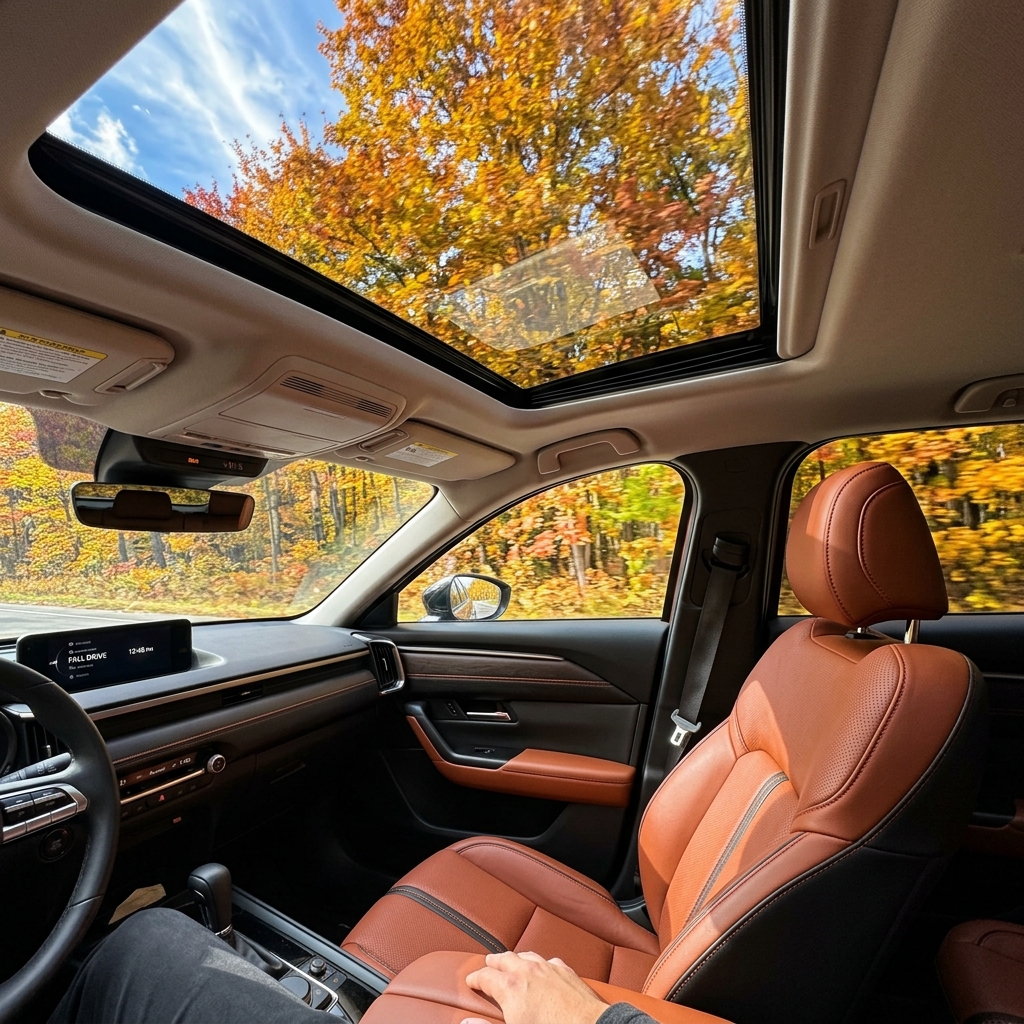 Interior view of a modern car with brown leather seats driving past vibrant autumn foliage through the sunroof and windows. (Representative image for illustration purposes only. Actual vehicle may vary based on trim and configuration.)