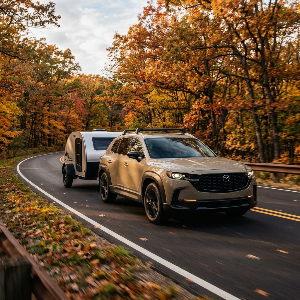 A beige Mazda SUV towing a silver teardrop camper along a winding road through peak autumn foliage. (Representative image for illustration purposes only. Actual vehicle may vary based on trim and configuration.)