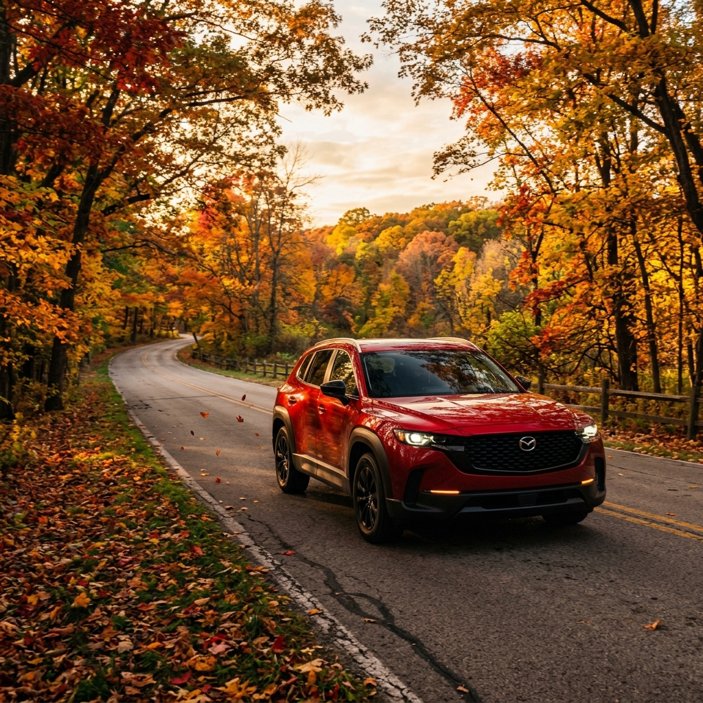 Red SUV driving down a scenic rural road surrounded by vibrant yellow and orange autumn trees. (Representative image for illustration purposes only. Actual vehicle may vary based on trim and configuration.)