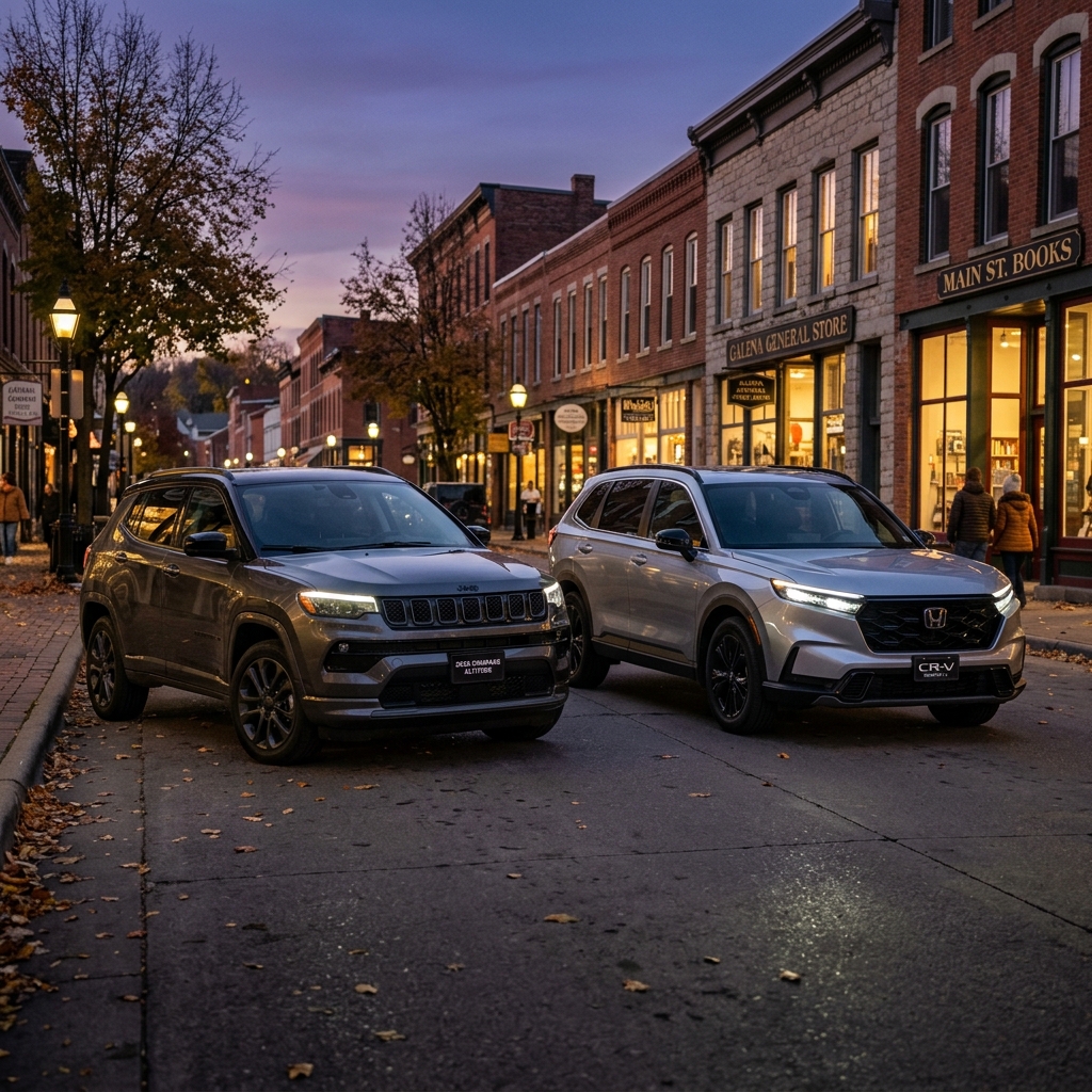 A dark grey Jeep Compass and a silver Honda CR-V parked side-by-side on a historic town street at dusk. (Representative image for illustration purposes only. Actual vehicle may vary based on trim and configuration.)