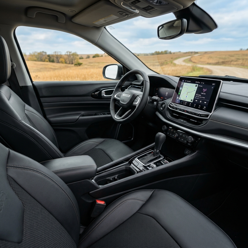 Driver side perspective of a sleek black car interior with a touchscreen dashboard overlooking a scenic country road. (Representative image for illustration purposes only. Actual vehicle may vary based on trim and configuration.)