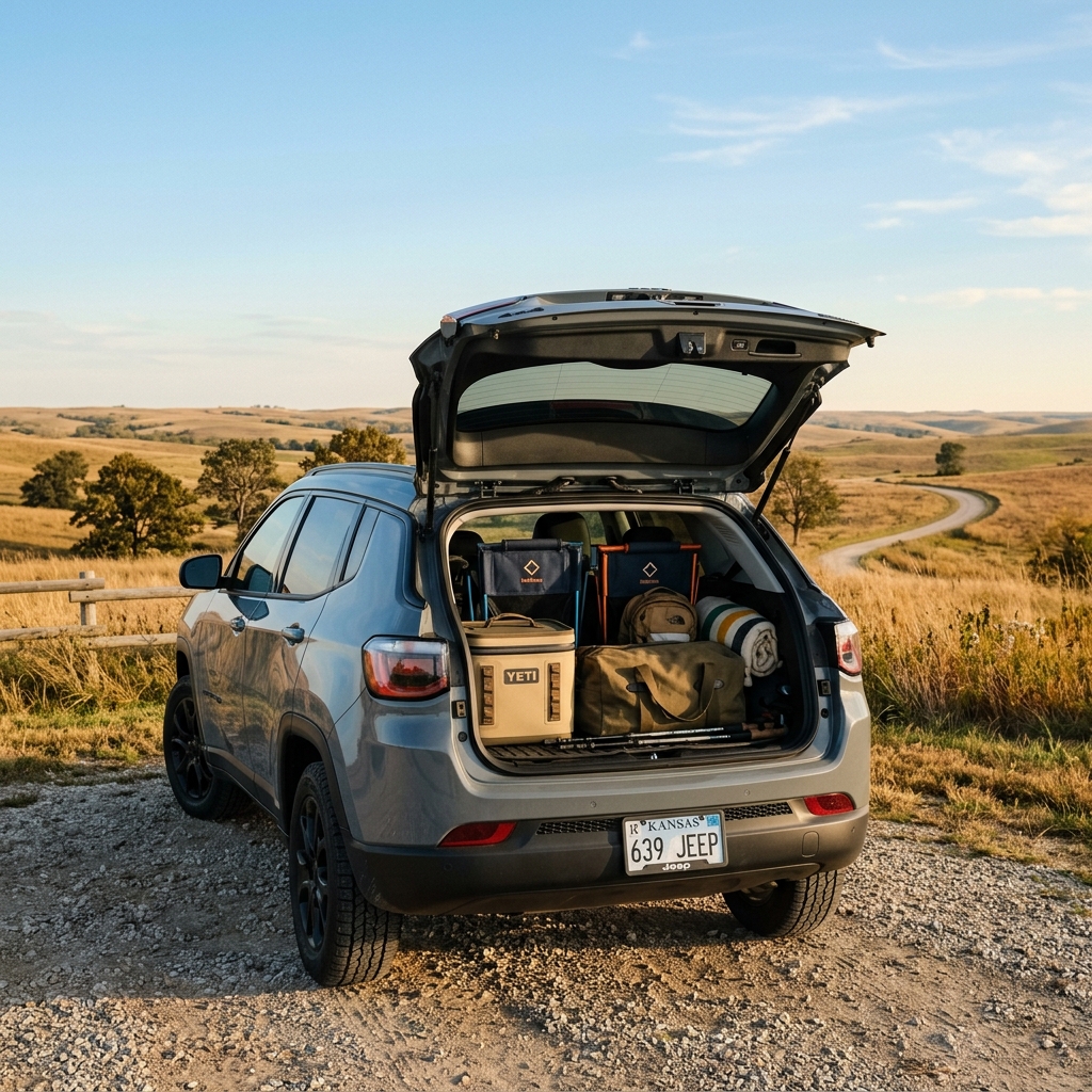 Rear view of a gray Jeep with an open trunk loaded with a YETI cooler, bags, and camp chairs in a grassy landscape. (Representative image for illustration purposes only. Actual vehicle may vary based on trim and configuration.)