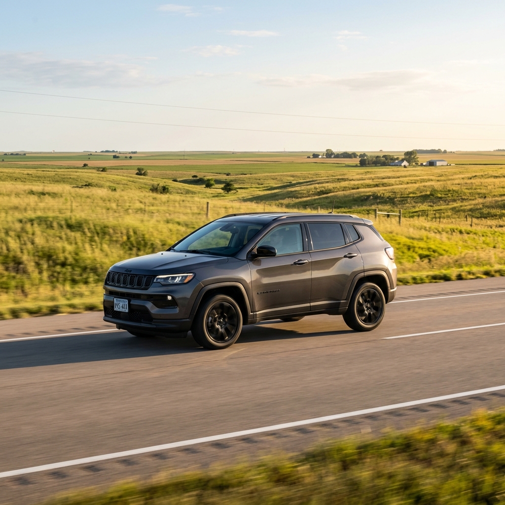 A dark grey SUV driving along an open paved highway past rolling green fields under a bright sky. (Representative image for illustration purposes only. Actual vehicle may vary based on trim and configuration.)