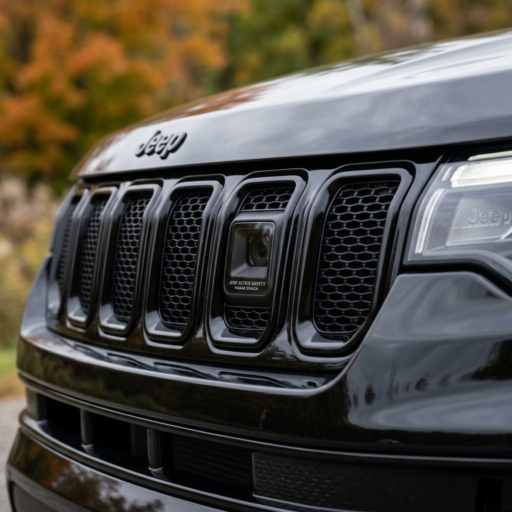 Front grille of a glossy black Jeep with an integrated active safety radar sensor in the center slot. (Representative image for illustration purposes only. Actual vehicle may vary based on trim and configuration.)