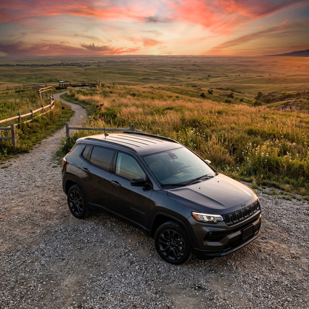 Dark grey Jeep SUV parked on a gravel path overlooking vast rolling green hills under a vibrant sunset sky. (Representative image for illustration purposes only. Actual vehicle may vary based on trim and configuration.)