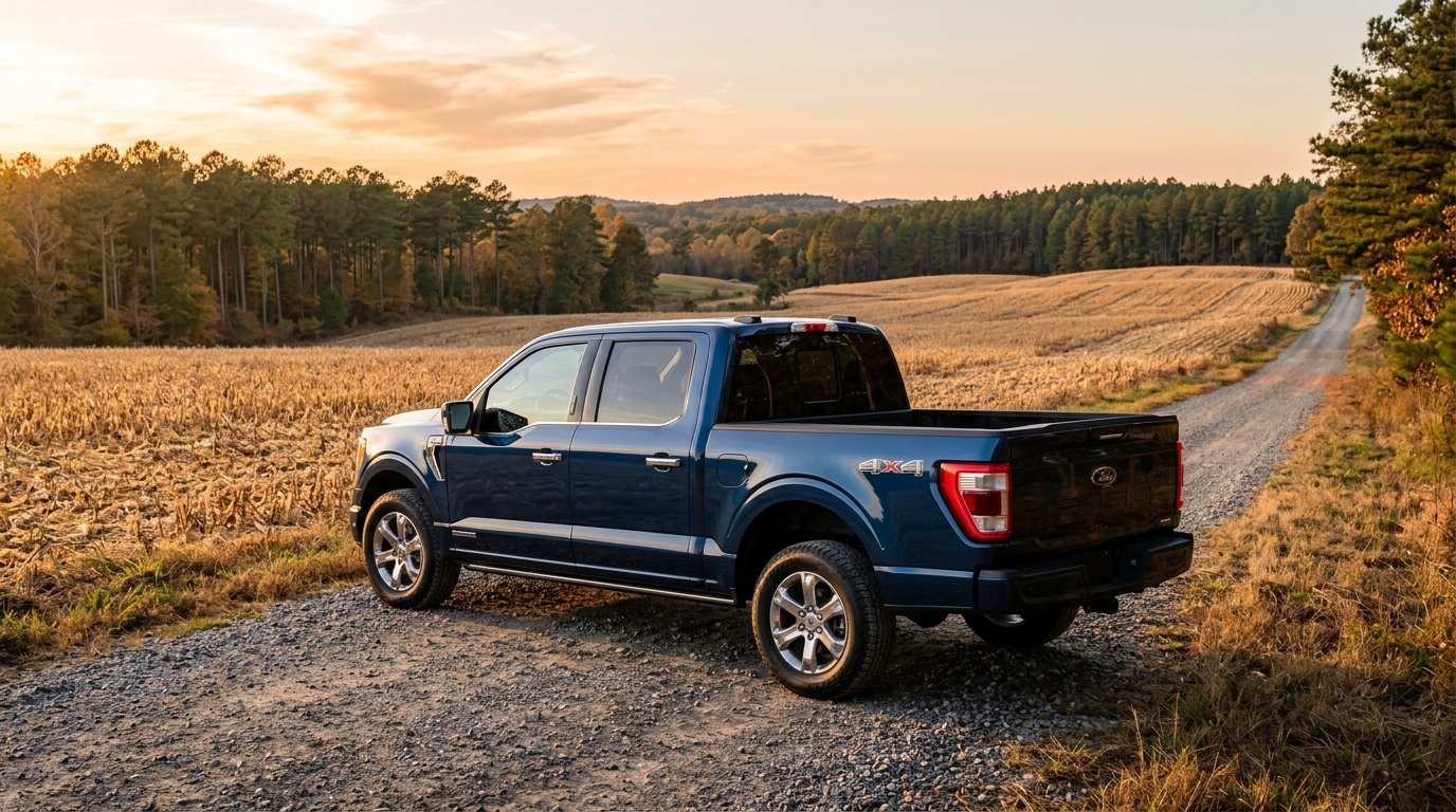 Dark blue Ford pickup truck parked on a rural gravel road beside a golden harvested field at sunset. (Representative image for illustration purposes only. Actual vehicle may vary based on trim and configuration.)