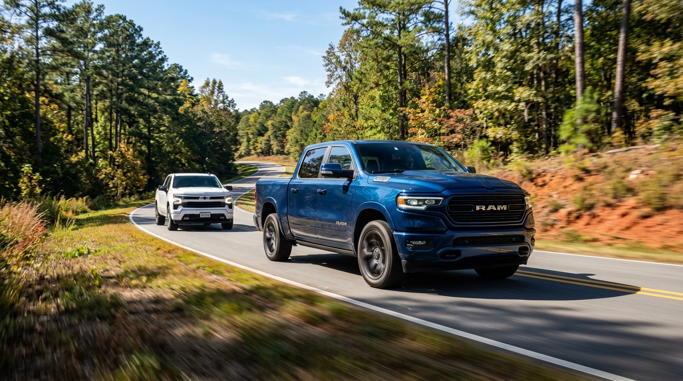 A blue RAM pickup truck drives down a winding forest road ahead of a white Chevrolet pickup truck. (Representative image for illustration purposes only. Actual vehicle may vary based on trim and configuration.)