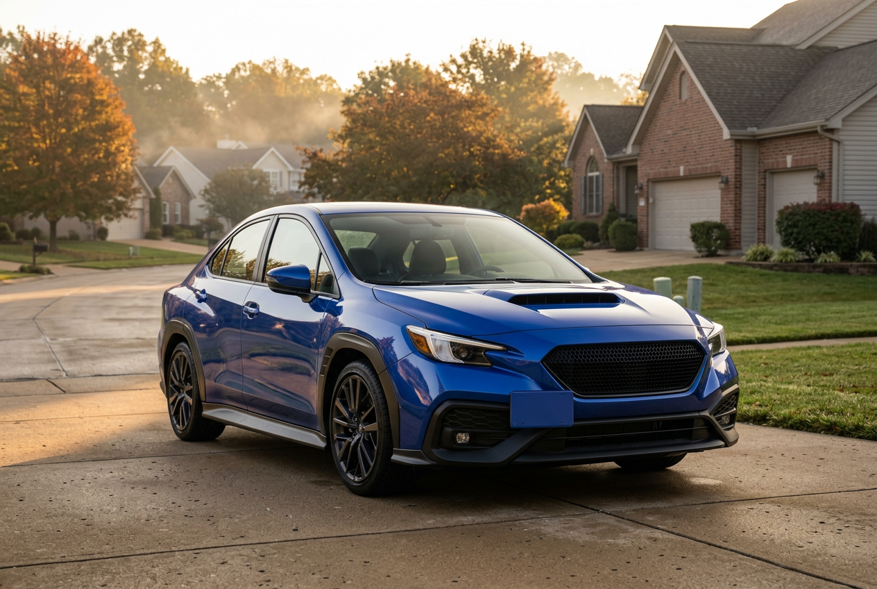 A blue Subaru WRX sedan parked on a suburban driveway during a misty autumn morning. (Representative image for illustration purposes only. Actual vehicle may vary based on trim and configuration.)