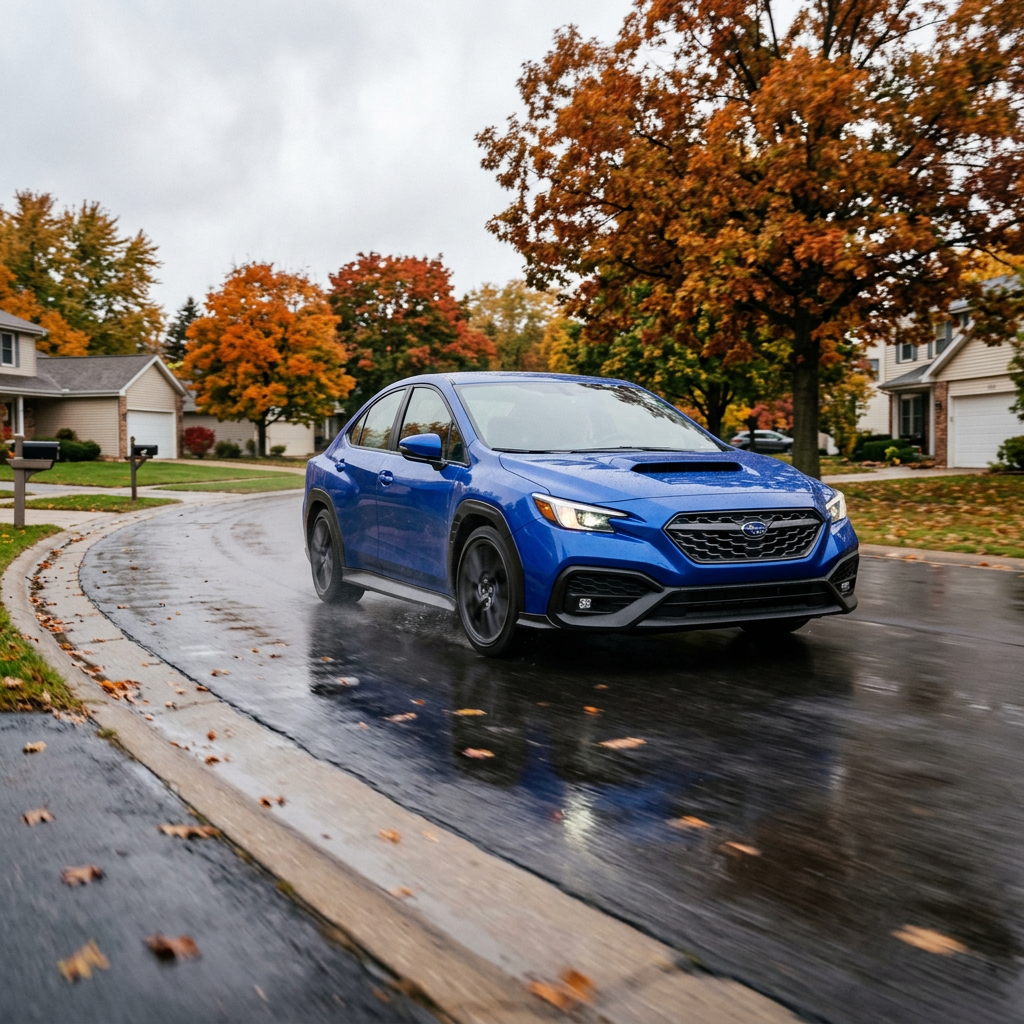 Blue Subaru WRX driving on a wet suburban street lined with colorful autumn trees. (Representative image for illustration purposes only. Actual vehicle may vary based on trim and configuration.)