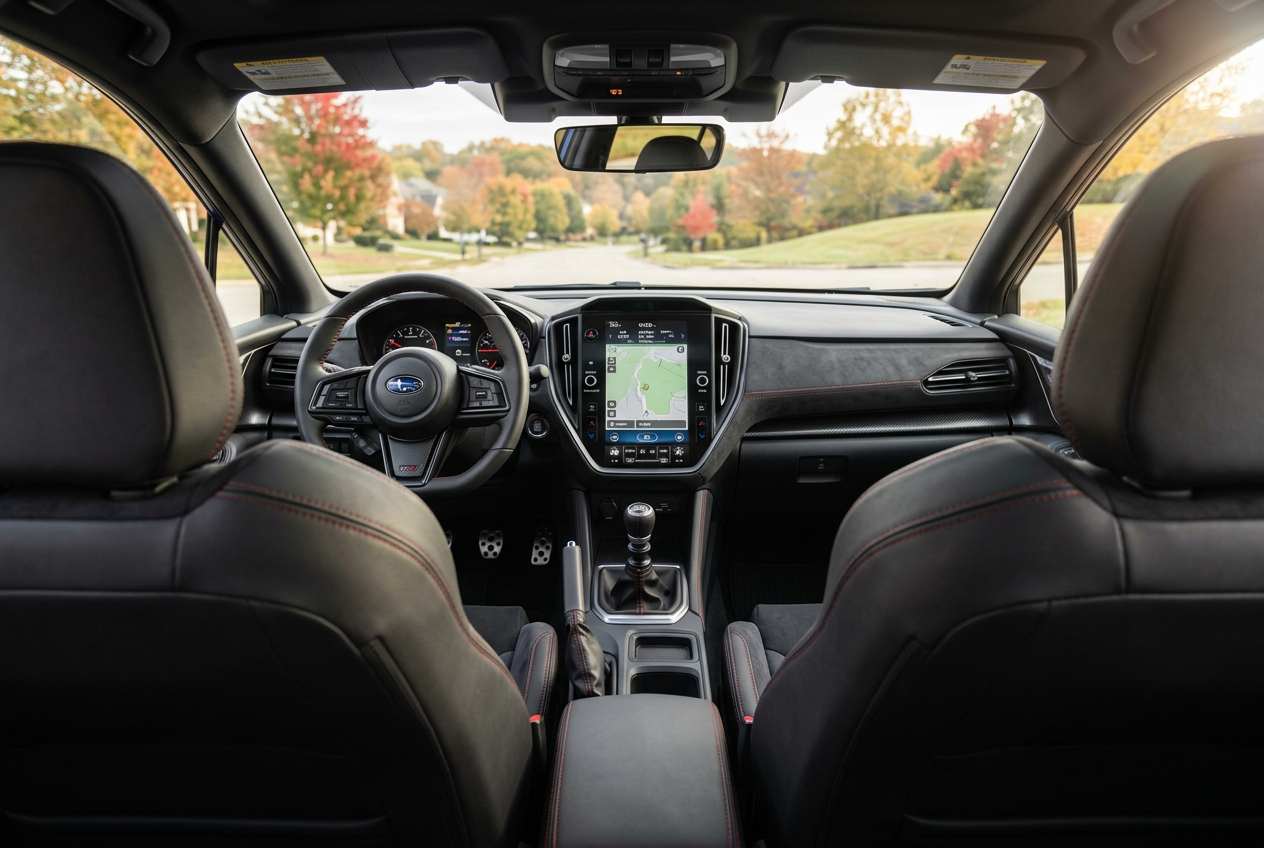 Interior view of a Subaru car dashboard featuring a central touchscreen, manual shifter, and red-stitched seats. (Representative image for illustration purposes only. Actual vehicle may vary based on trim and configuration.)