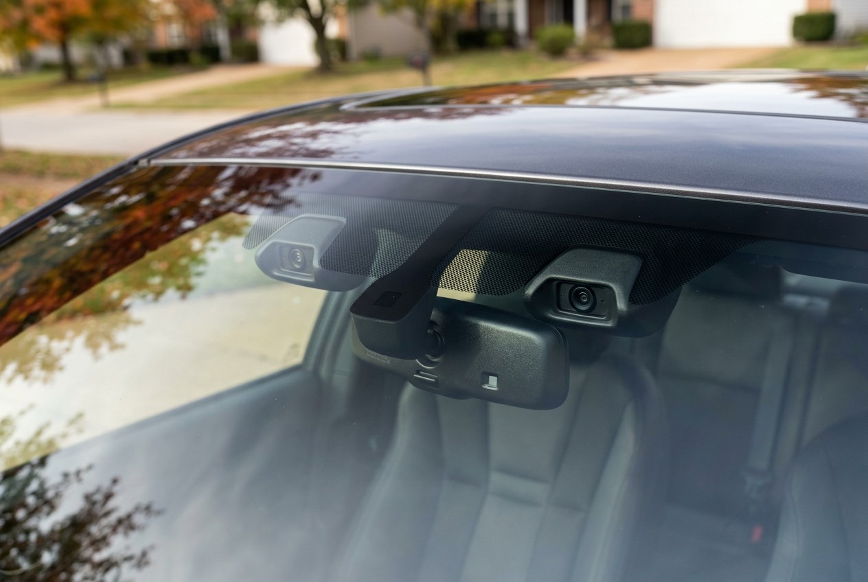 Dual stereo cameras mounted behind the windshield of a car near the rearview mirror for driver assistance. (Representative image for illustration purposes only. Actual vehicle may vary based on trim and configuration.)
