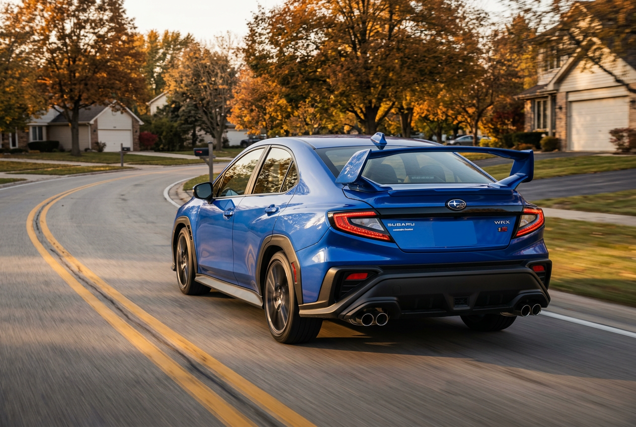A blue Subaru WRX with a large rear wing drives along a winding suburban street surrounded by autumn foliage. (Representative image for illustration purposes only. Actual vehicle may vary based on trim and configuration.)