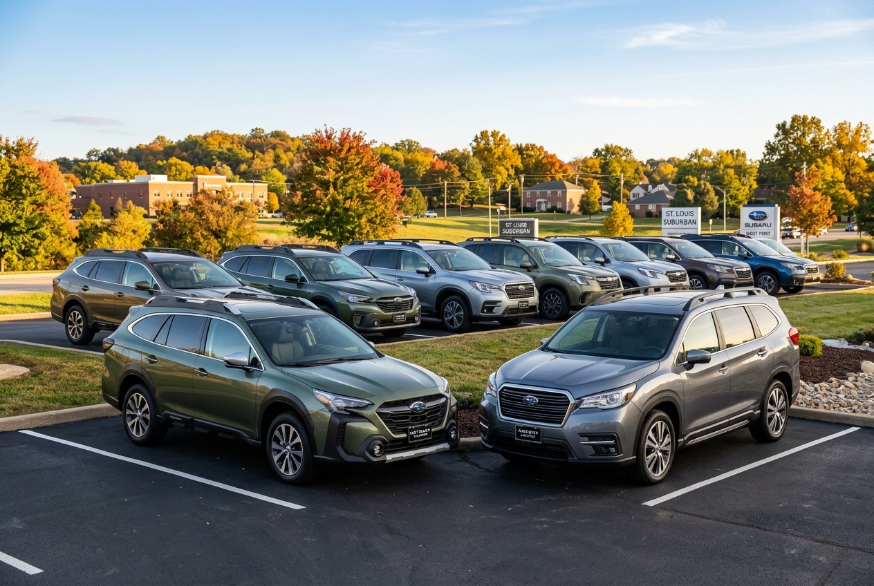 Lineup of new Subaru Outback and Ascent SUVs parked in a dealership lot surrounded by autumn trees. (Representative image for illustration purposes only. Actual vehicle may vary based on trim and configuration.)