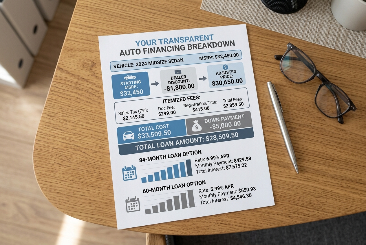 Auto financing breakdown document on a wooden desk next to eyeglasses and a pen. (Representative image for illustration purposes only. Actual vehicle may vary based on trim and configuration.)