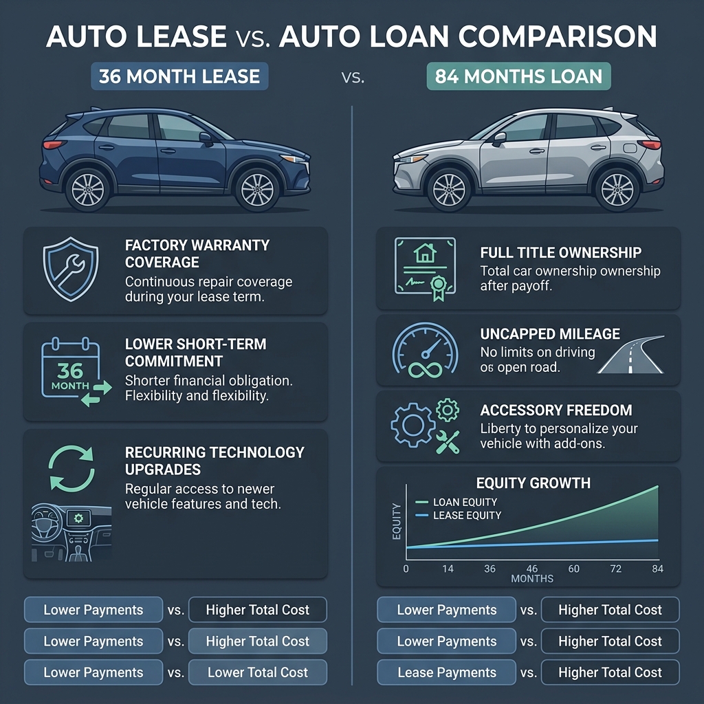 Infographic comparing a 36-month auto lease with an 84-month auto loan, showing key benefits and equity growth. (Representative image for illustration purposes only. Actual vehicle may vary based on trim and configuration.)