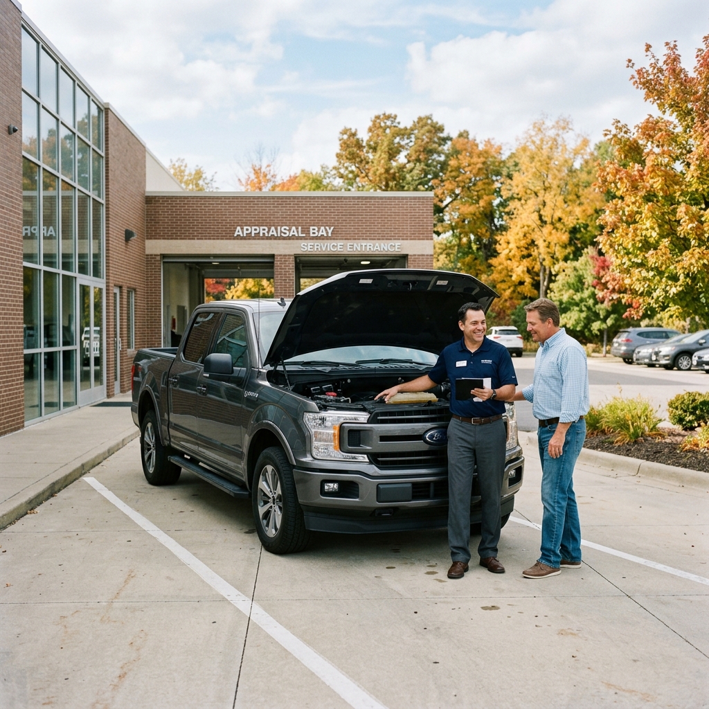 A service technician pointing under the open hood of a grey pickup truck while speaking to a customer. (Representative image for illustration purposes only. Actual vehicle may vary based on trim and configuration.)