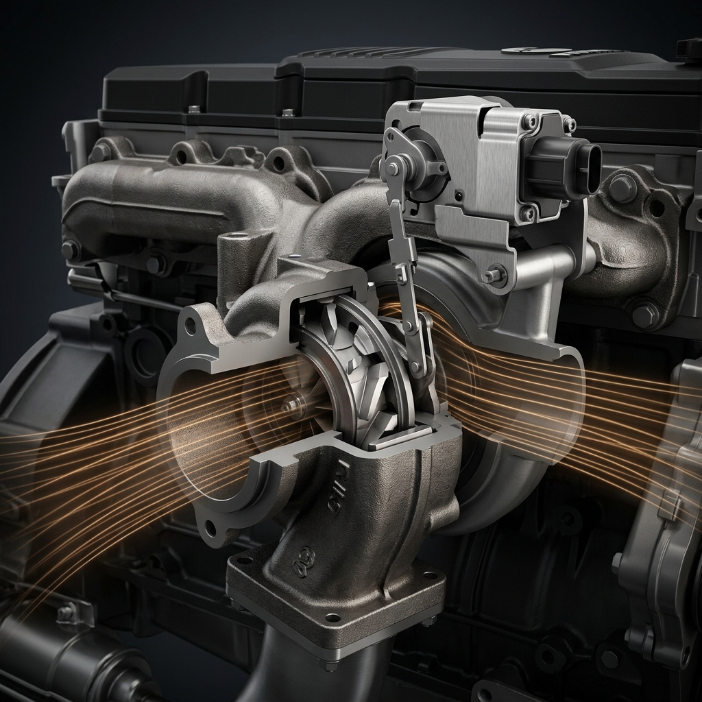 Cutaway view of a car engine variable geometry turbocharger showing internal turbine blades and glowing airflow lines. (Representative image for illustration purposes only. Actual vehicle may vary based on trim and configuration.)