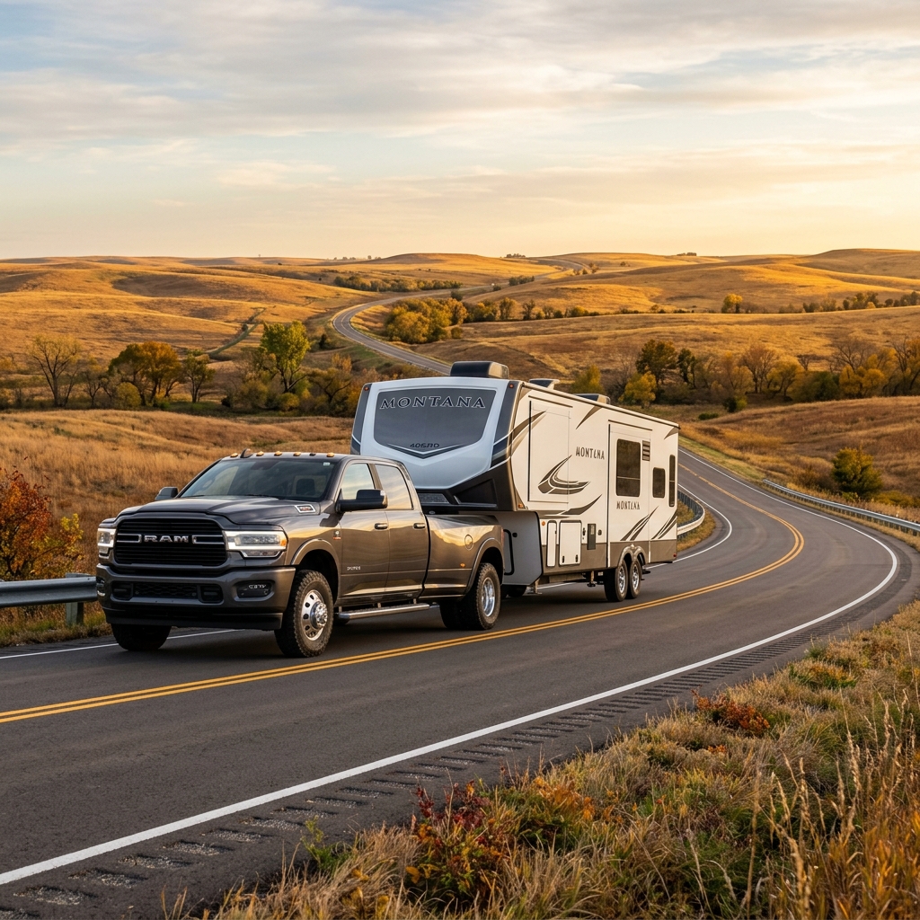 A grey Ram dually pickup truck towing a white Montana fifth-wheel RV along a winding two-lane road in rolling hills. (Representative image for illustration purposes only. Actual vehicle may vary based on trim and configuration.)