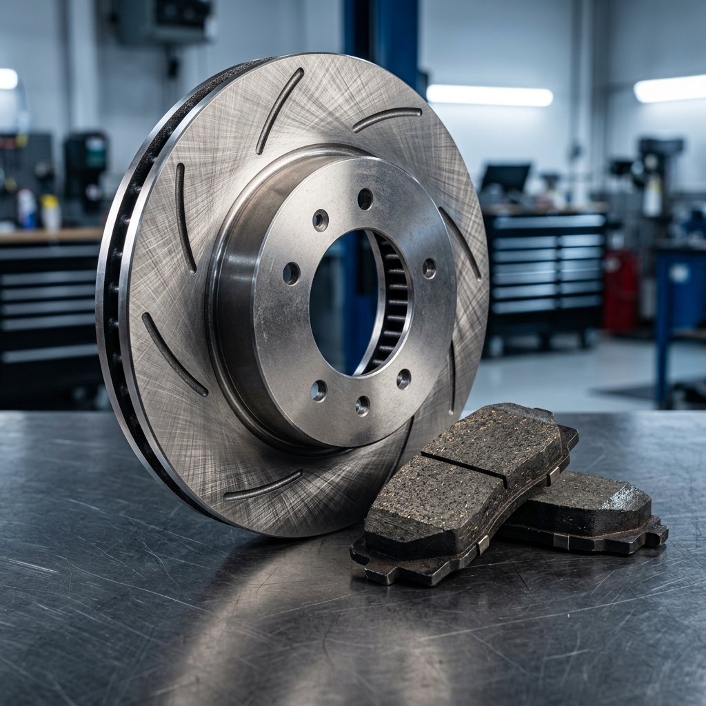 Slotted automotive brake rotor standing next to a set of brake pads on a metal workbench in a garage. (Representative image for illustration purposes only. Actual vehicle may vary based on trim and configuration.)
