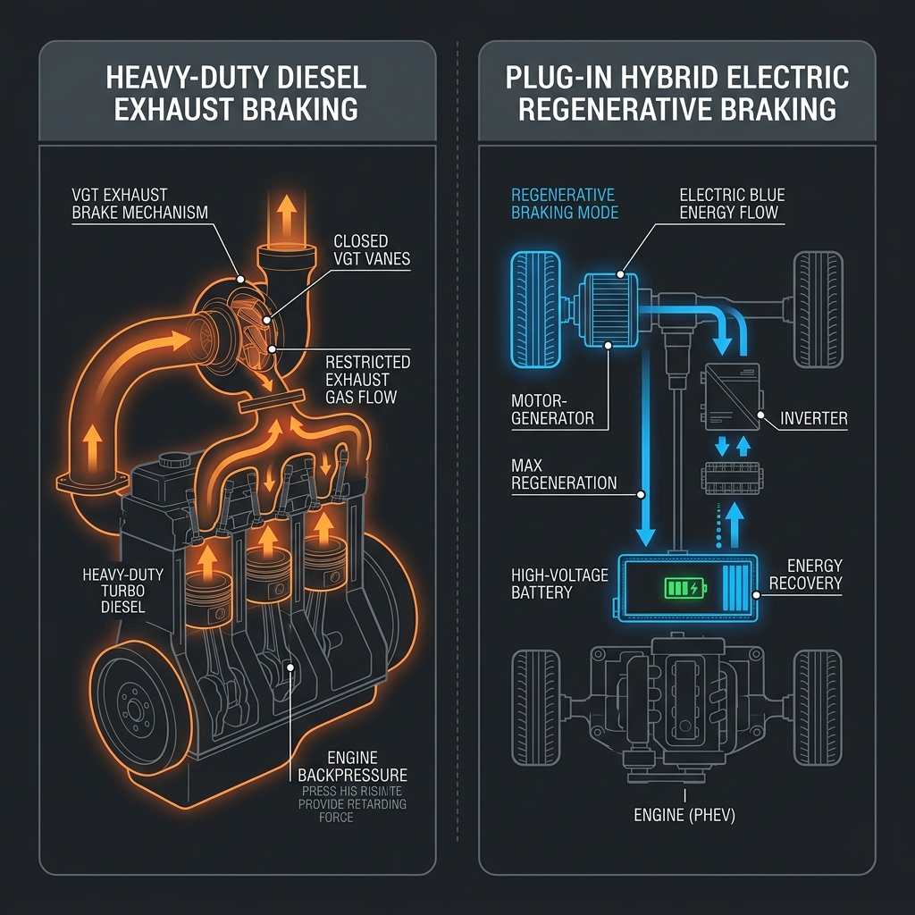 Visual diagram comparing heavy-duty diesel exhaust braking with plug-in hybrid electric regenerative braking systems. (Representative image for illustration purposes only. Actual vehicle may vary based on trim and configuration.)