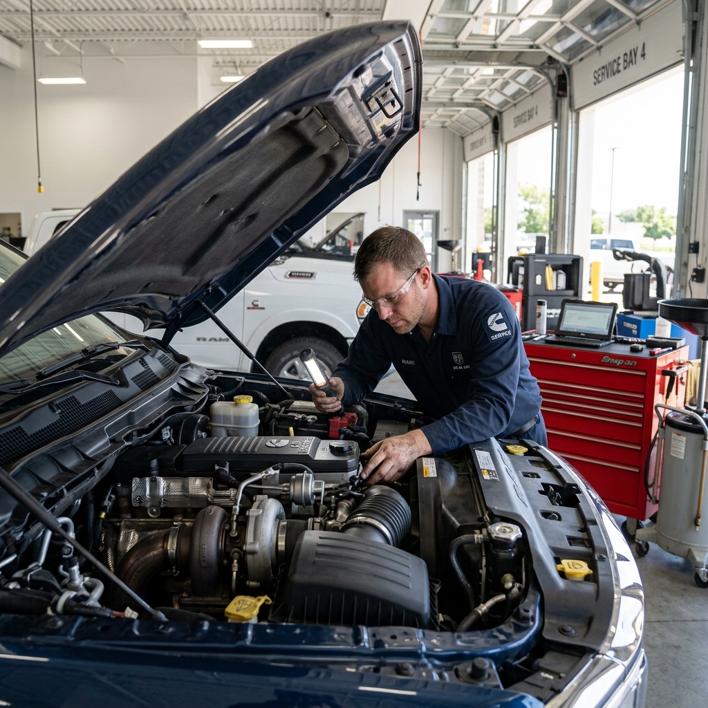 A mechanic wearing safety glasses uses a hand light to inspect a blue truck engine inside an auto service garage. (Representative image for illustration purposes only. Actual vehicle may vary based on trim and configuration.)