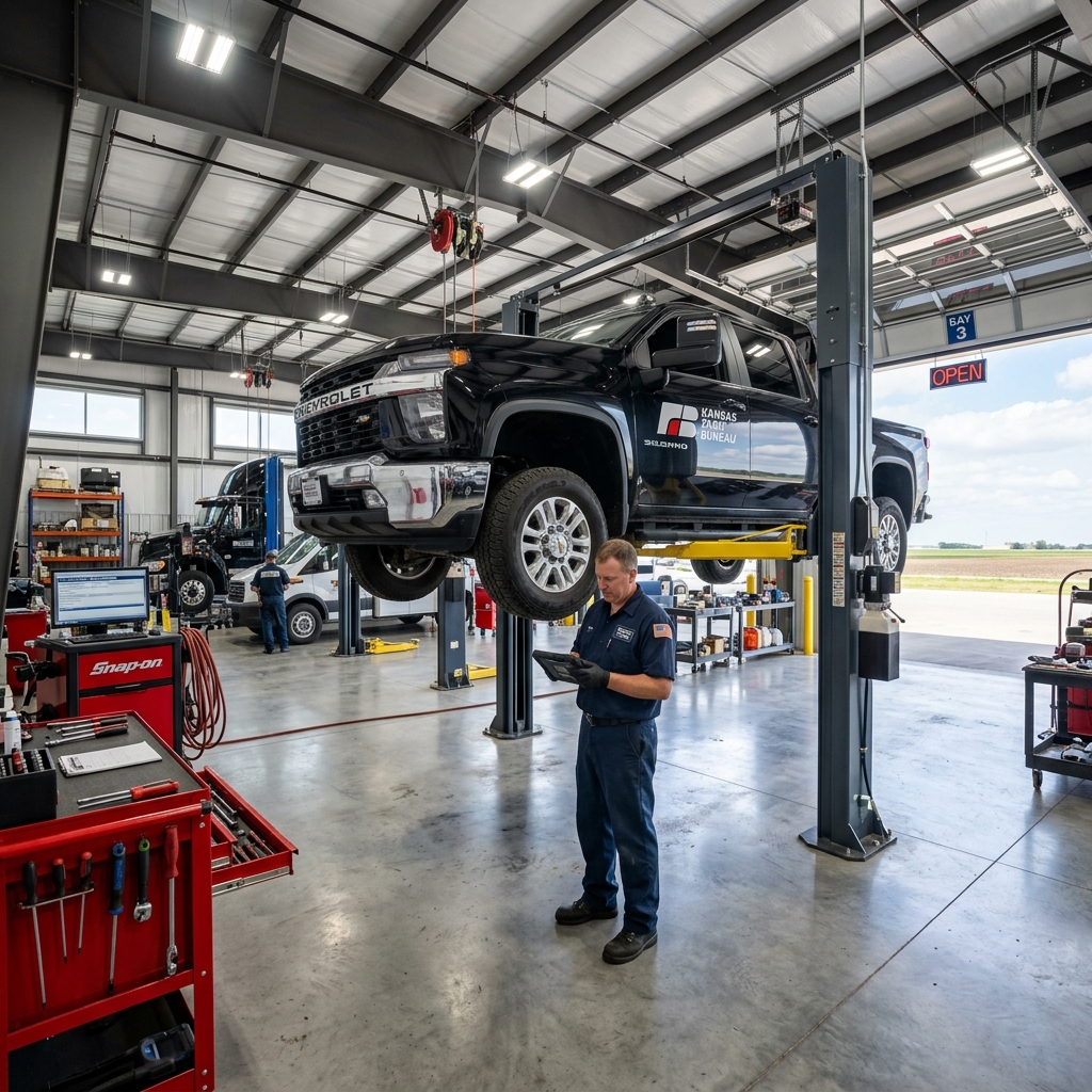 A mechanic using a tablet stands underneath a black pickup truck raised on a hydraulic lift inside an auto shop. (Representative image for illustration purposes only. Actual vehicle may vary based on trim and configuration.)