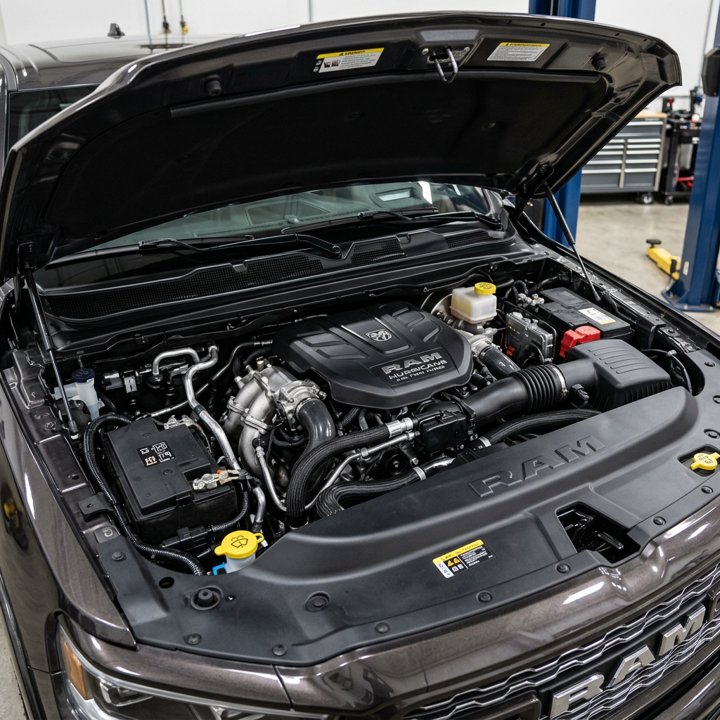 Open hood of a dark metallic RAM truck showcasing the 3.0L Hurricane twin-turbo engine in an auto shop. (Representative image for illustration purposes only. Actual vehicle may vary based on trim and configuration.)