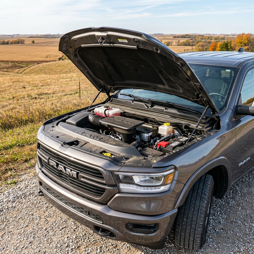 Front quarter view of a dark grey RAM truck parked on a gravel path with its hood open, revealing the engine. (Representative image for illustration purposes only. Actual vehicle may vary based on trim and configuration.)