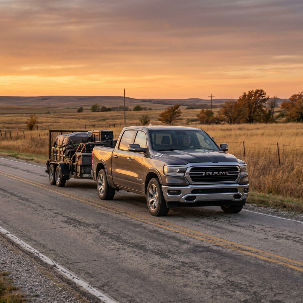 A grey Ram pickup truck towing a loaded utility trailer down a rural asphalt road at sunset. (Representative image for illustration purposes only. Actual vehicle may vary based on trim and configuration.)