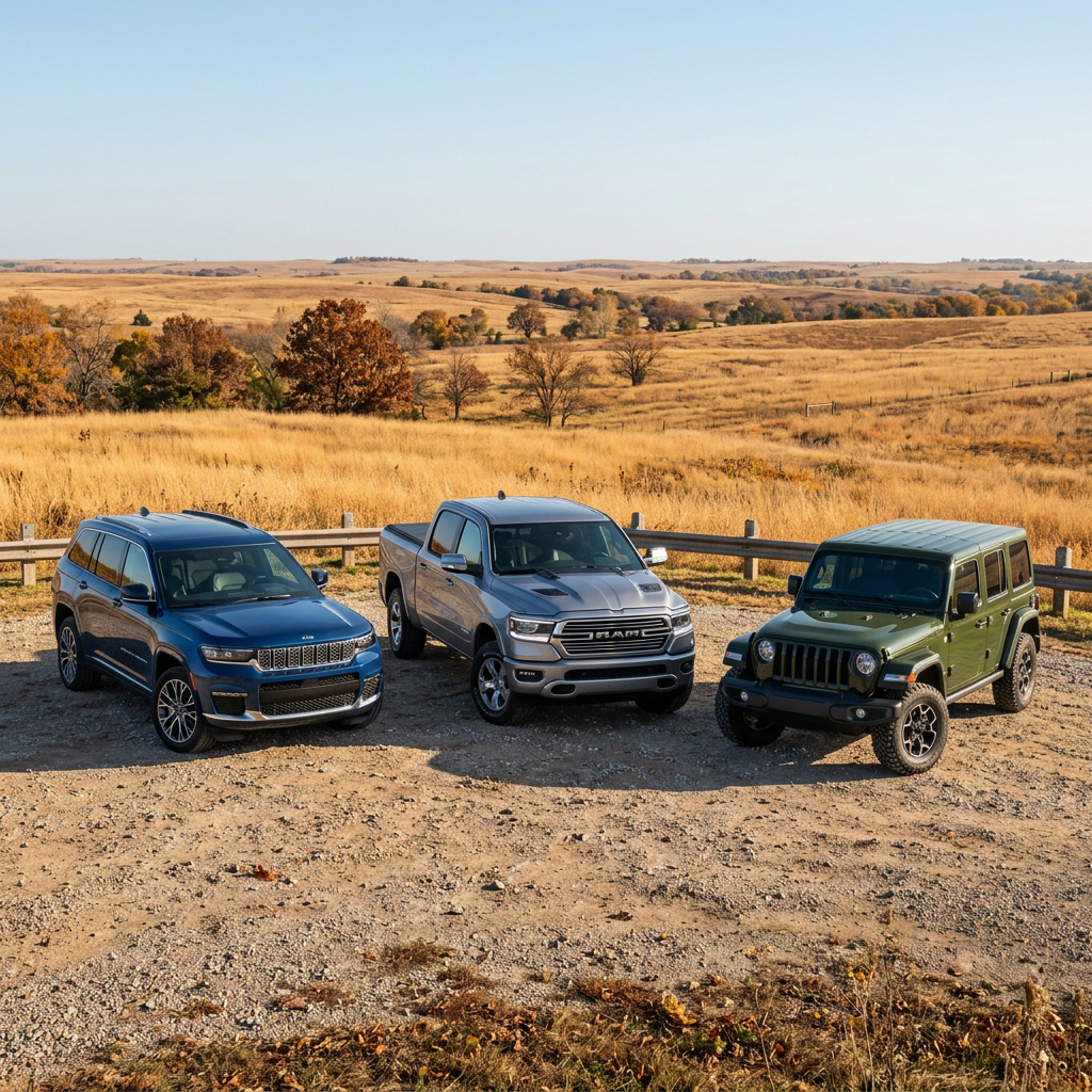 A blue Jeep SUV, a silver RAM pickup truck, and a green Jeep Wrangler parked together on a gravel overlook. (Representative image for illustration purposes only. Actual vehicle may vary based on trim and configuration.)