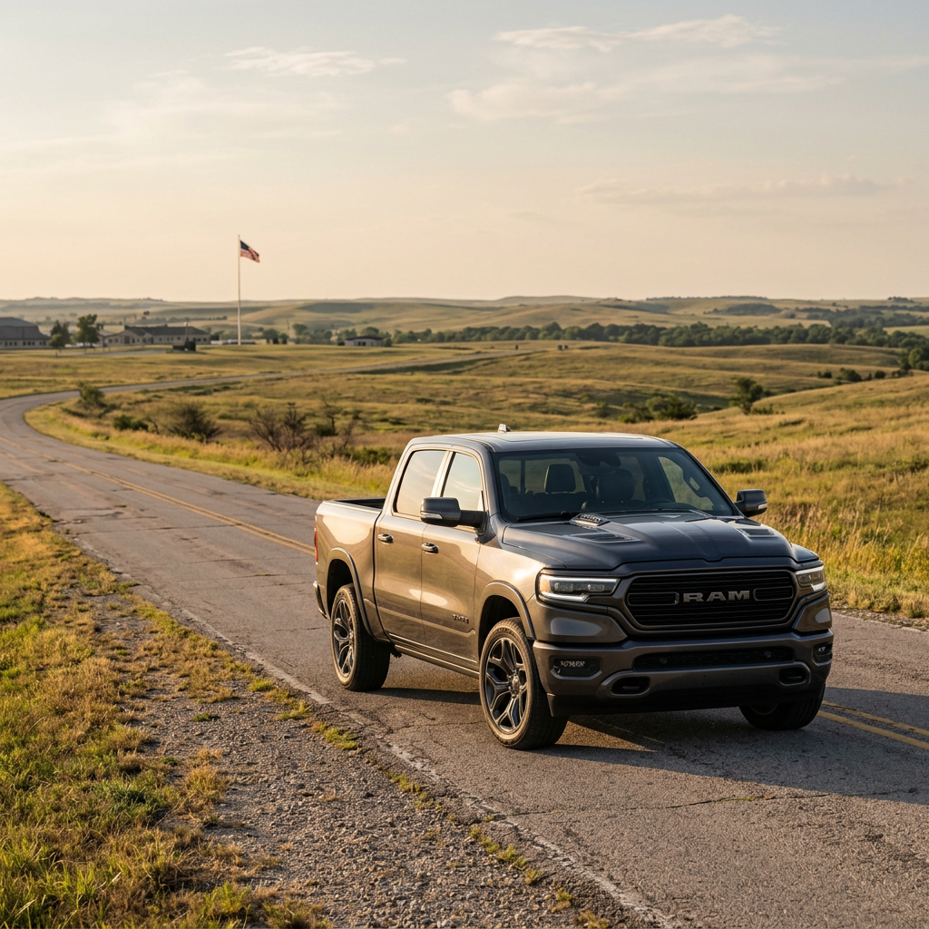 Dark grey Ram pickup truck driving down a two-lane rural road surrounded by rolling green hills. (Representative image for illustration purposes only. Actual vehicle may vary based on trim and configuration.)