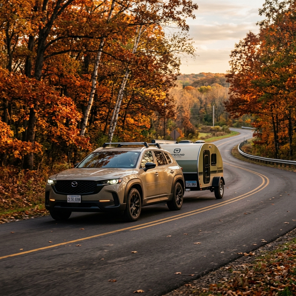 Tan Mazda SUV towing a teardrop camper trailer along a winding forest road surrounded by colorful fall foliage. (Representative image for illustration purposes only. Actual vehicle may vary based on trim and configuration.)