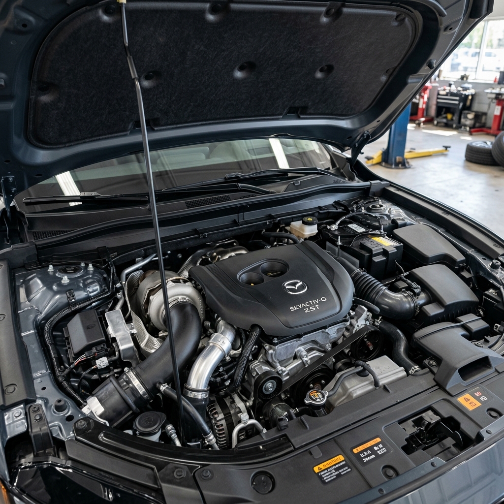 Detailed view of a clean Mazda Skyactiv-G 2.5T engine bay with the hood propped open in an auto shop. (Representative image for illustration purposes only. Actual vehicle may vary based on trim and configuration.)