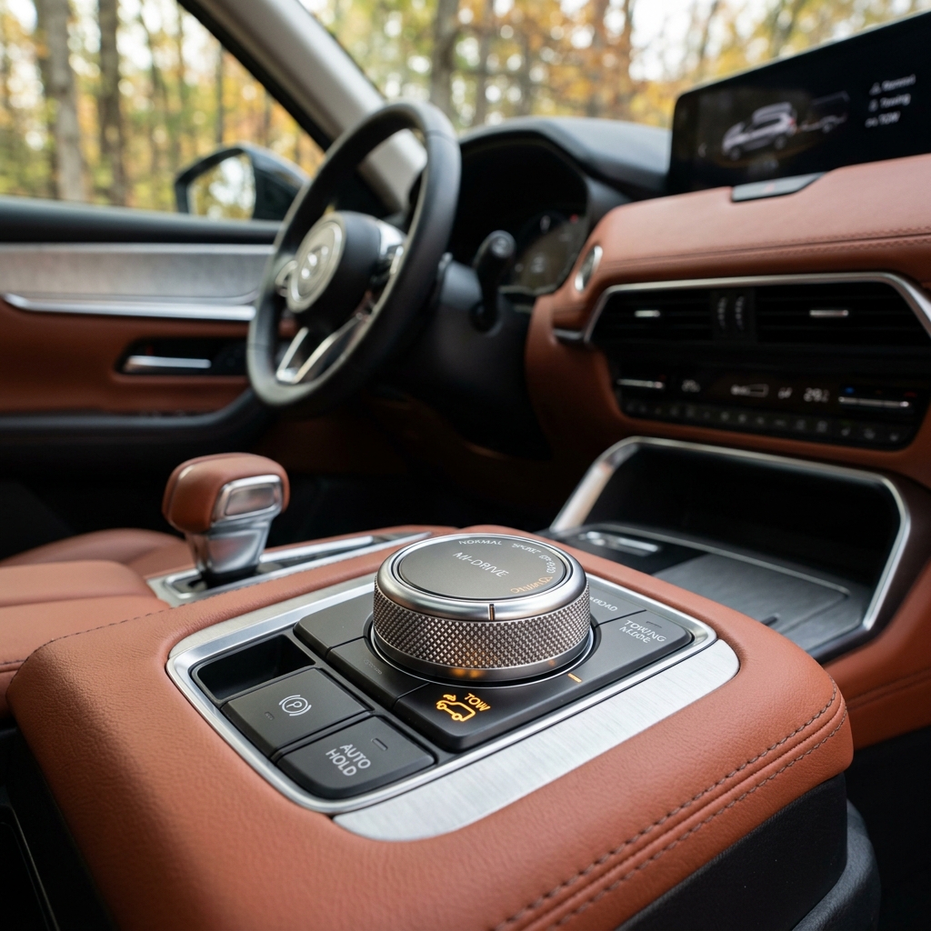 Close-up of a luxury car center console featuring a metallic Mi-Drive mode selector dial and brown leather trim. (Representative image for illustration purposes only. Actual vehicle may vary based on trim and configuration.)