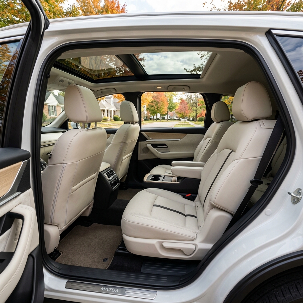 Spacious interior of a white Mazda SUV with light beige leather seats and a panoramic sunroof. (Representative image for illustration purposes only. Actual vehicle may vary based on trim and configuration.)