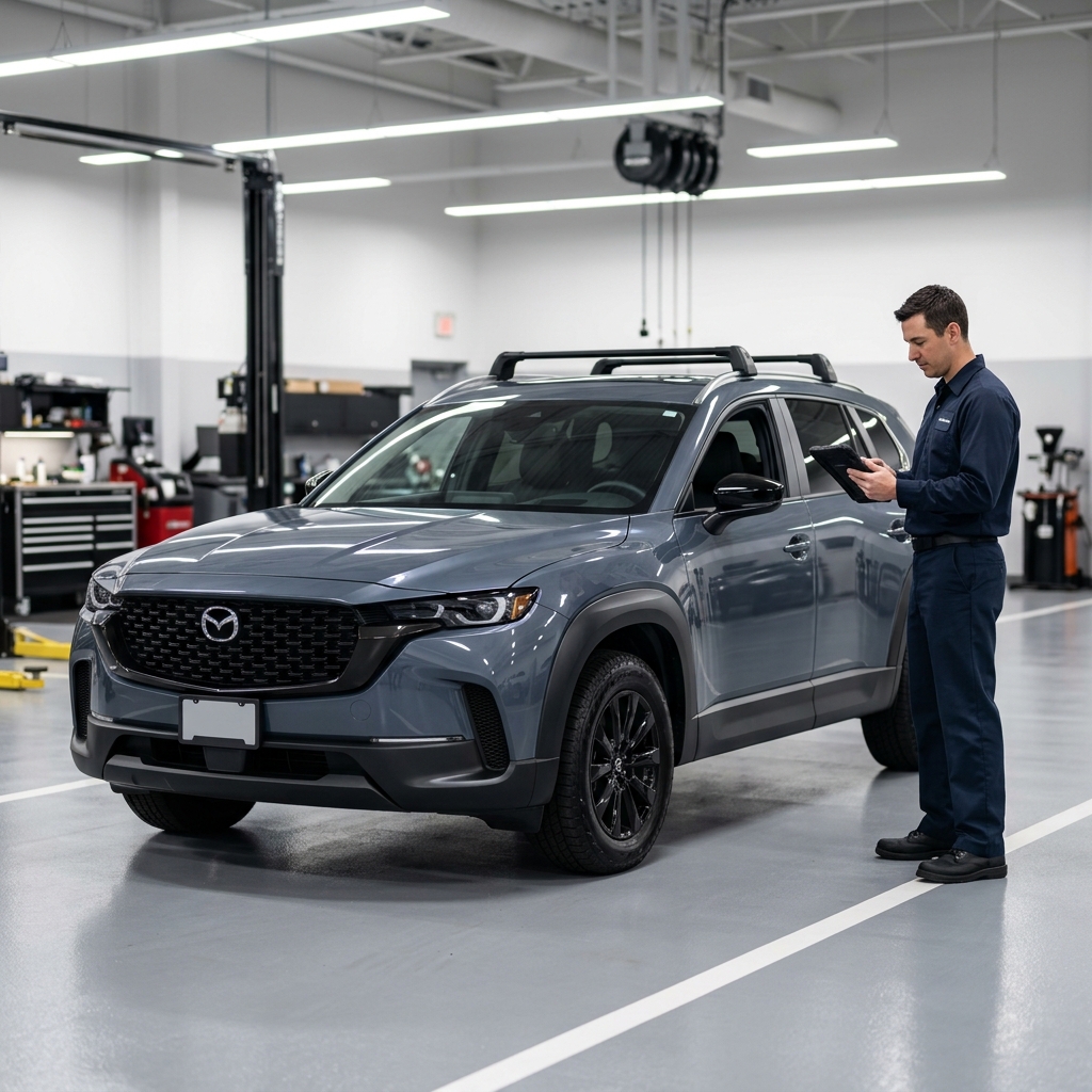 Automotive technician holding a digital tablet next to a slate blue Mazda SUV inside a modern service center. (Representative image for illustration purposes only. Actual vehicle may vary based on trim and configuration.)