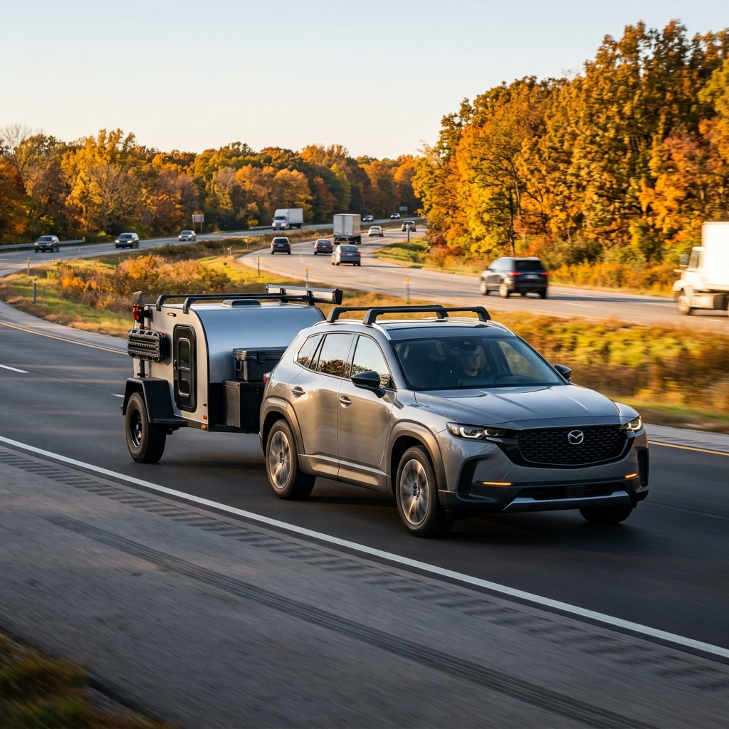 Silver Mazda SUV towing a compact camping trailer along a scenic highway surrounded by vibrant autumn trees. (Representative image for illustration purposes only. Actual vehicle may vary based on trim and configuration.)