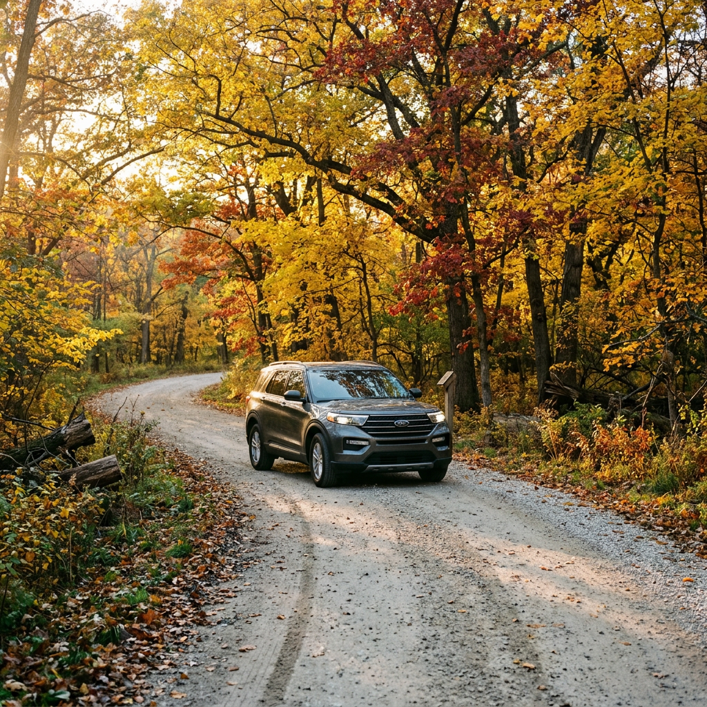 Dark grey SUV driving along a winding gravel road through a vibrant forest with golden and red autumn foliage. (Representative image for illustration purposes only. Actual vehicle may vary based on trim and configuration.)