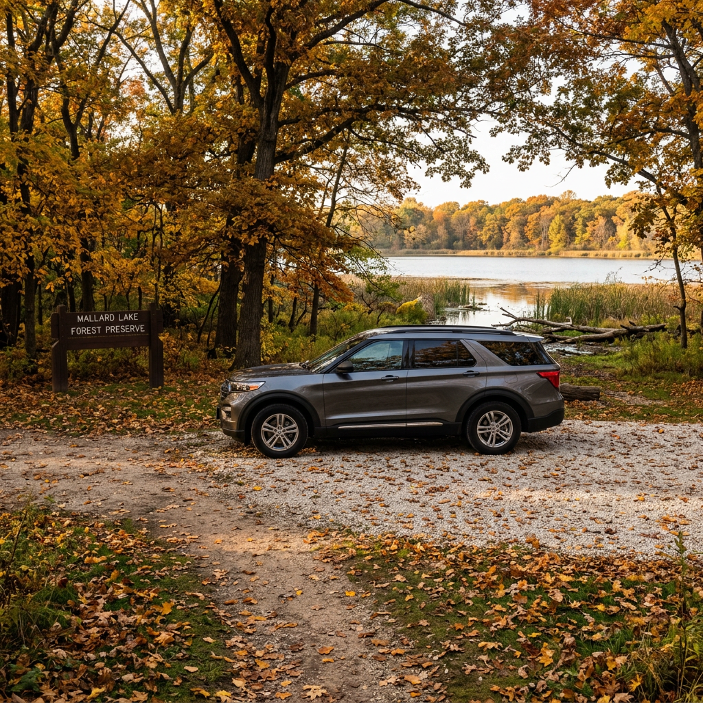 Side profile of a grey SUV parked on a leaf-covered path at Mallard Lake Forest Preserve in autumn. (Representative image for illustration purposes only. Actual vehicle may vary based on trim and configuration.)