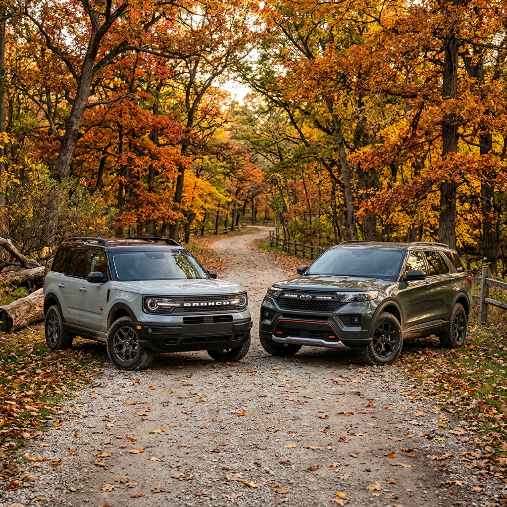 A light gray Ford Bronco Sport and dark green Ford Explorer parked on a dirt trail in autumn woods. (Representative image for illustration purposes only. Actual vehicle may vary based on trim and configuration.)