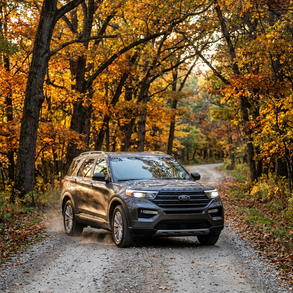 Gray Ford Explorer driving down a gravel road surrounded by bright yellow autumn trees. (Representative image for illustration purposes only. Actual vehicle may vary based on trim and configuration.)