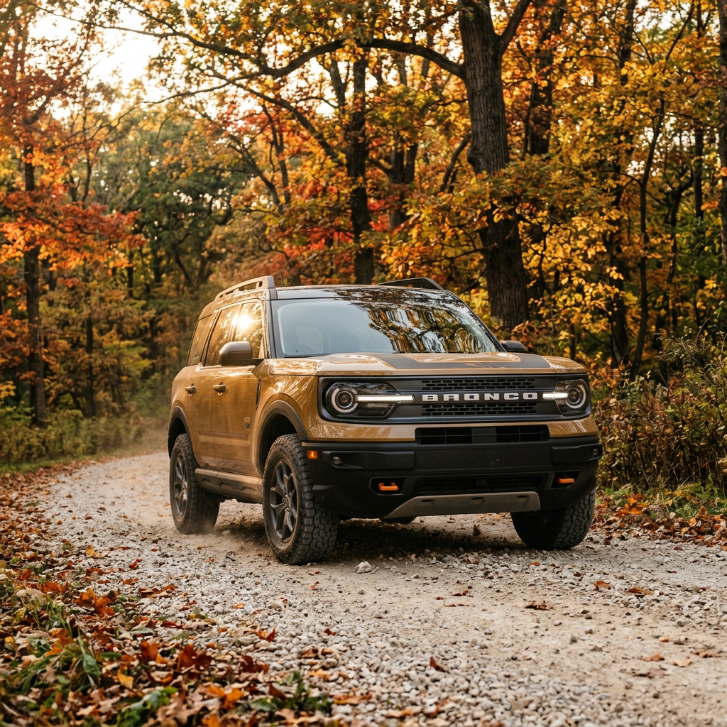 Bronze Ford Bronco Sport driving on a gravel road through an autumn forest with colorful foliage. (Representative image for illustration purposes only. Actual vehicle may vary based on trim and configuration.)