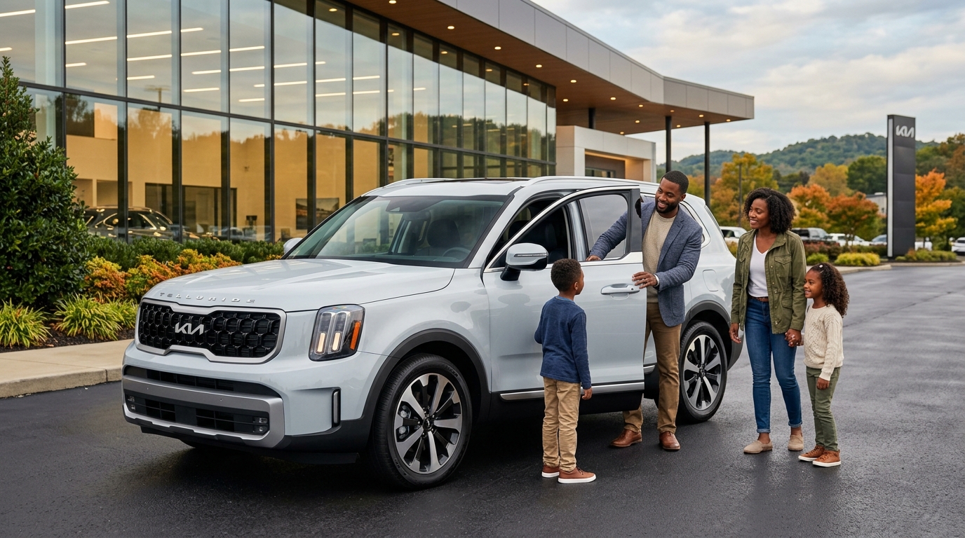 A family of four stands next to a light gray Kia Telluride SUV outside a modern car dealership. (Representative image for illustration purposes only. Actual vehicle may vary based on trim and configuration.)